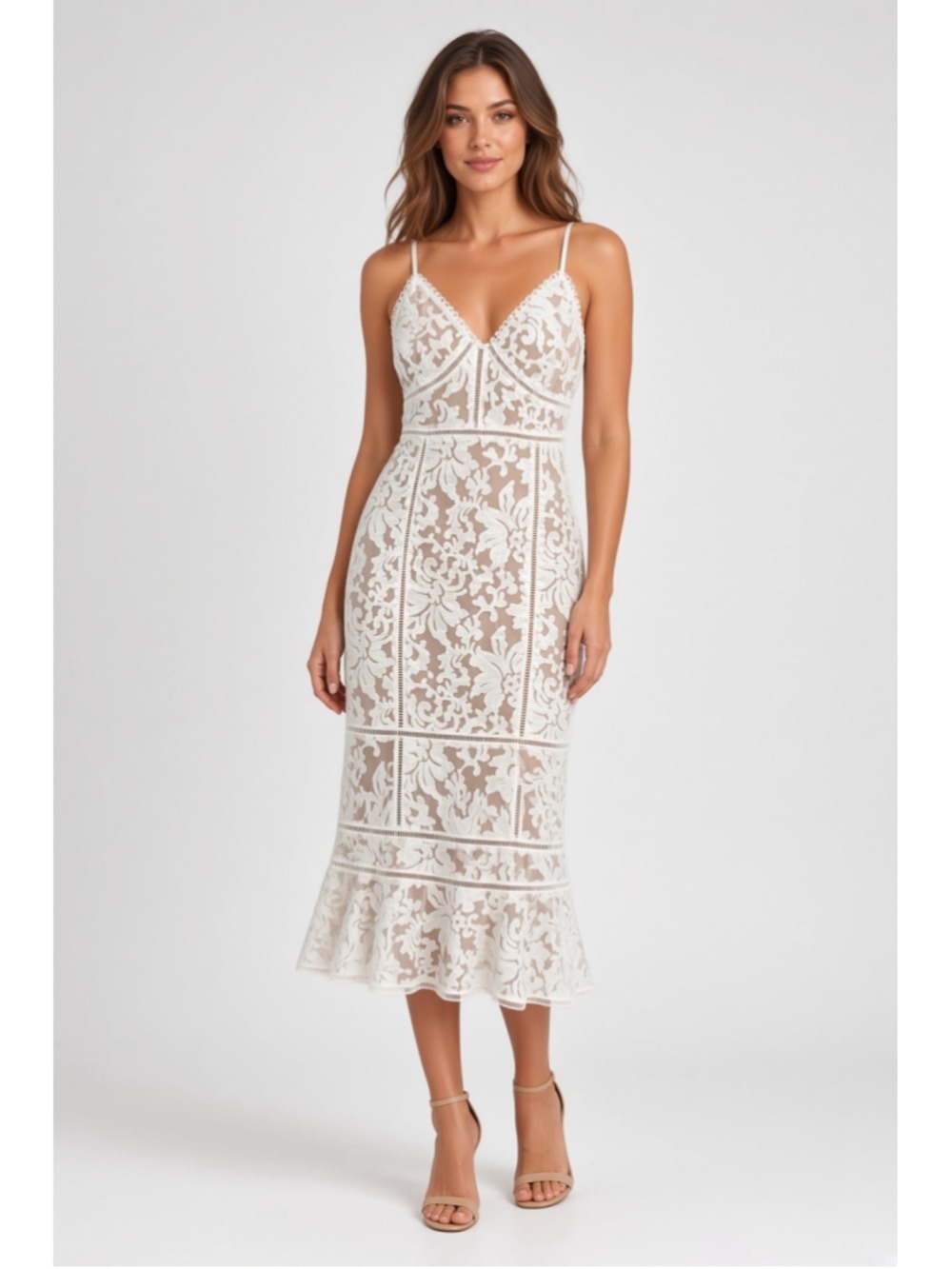 Lulus White Nude Lace Bodycon Midi Dress Scalloped Hem Spaghetti Strap Medium M
